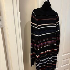 Etcetera Black Multicolor Striped Long Sleeve Turtleneck Sweater Dress